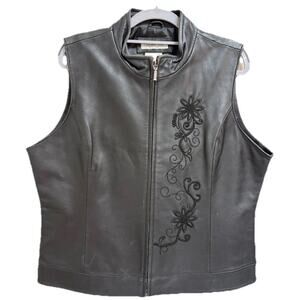 Coldwater Creek Womens‎ Leather Embroidered Floral Vest Black Full Zip Size L